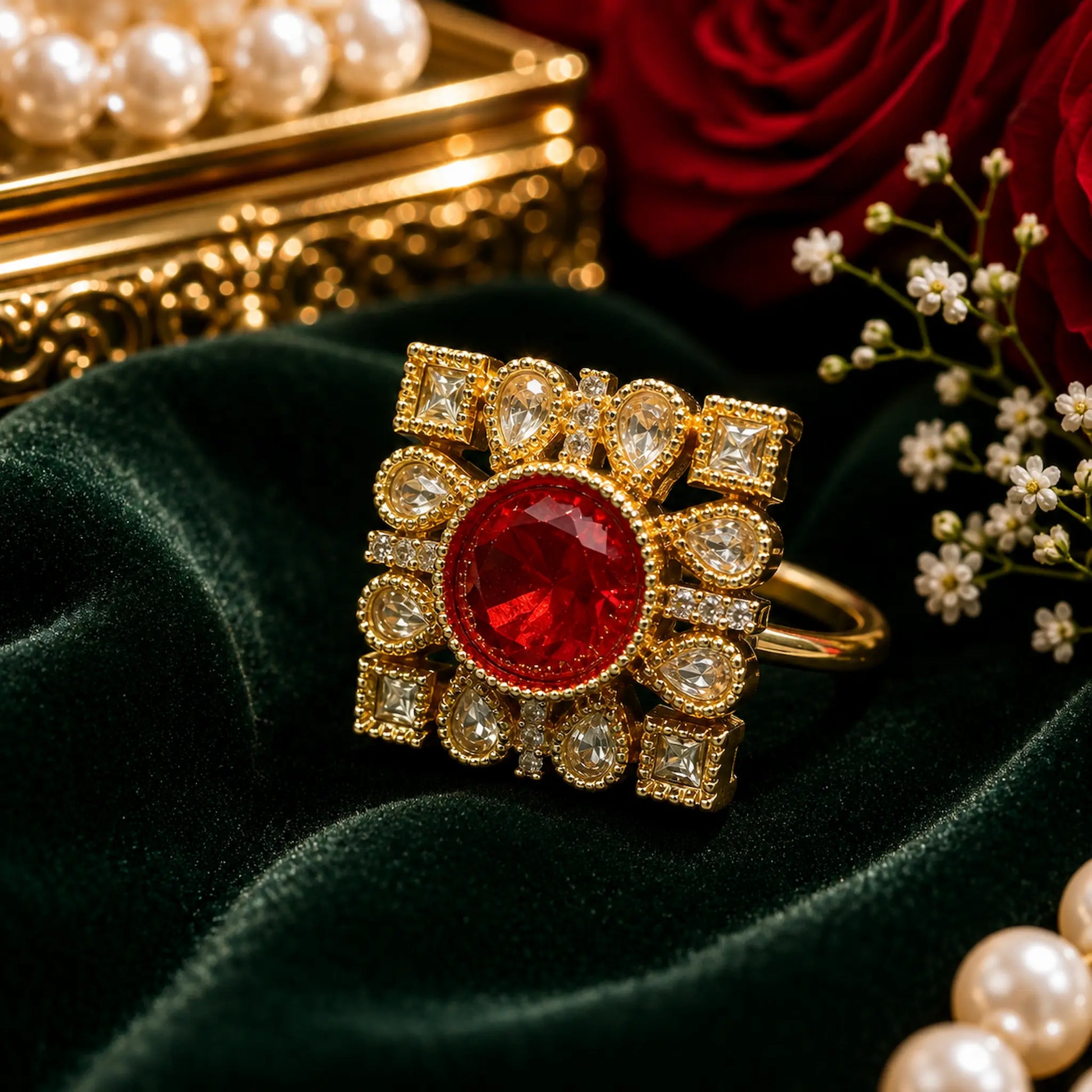 CZ Kundan Polki Round Square Frame Cocktail Ring - Ruby Red | K Gold