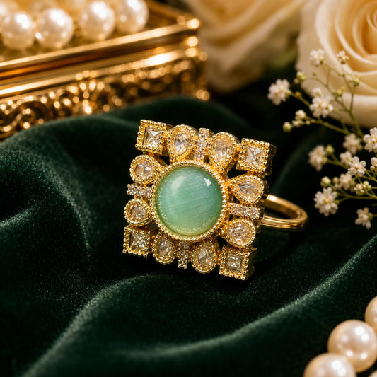 CZ Kundan Polki Round Square Frame Cocktail Ring - Mint Green | K Gold