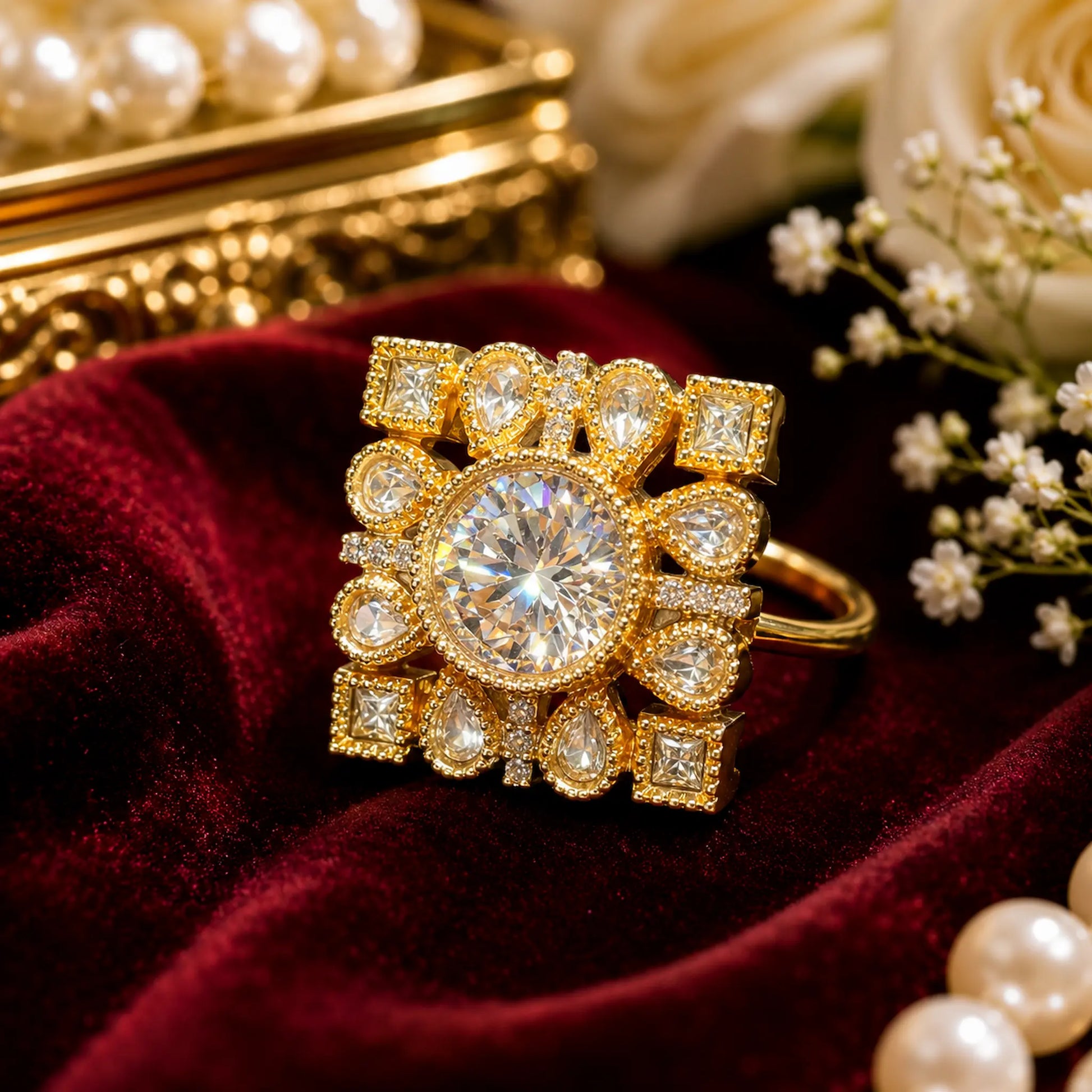 CZ Kundan Polki Round Square Frame Cocktail Ring - White | K Gold