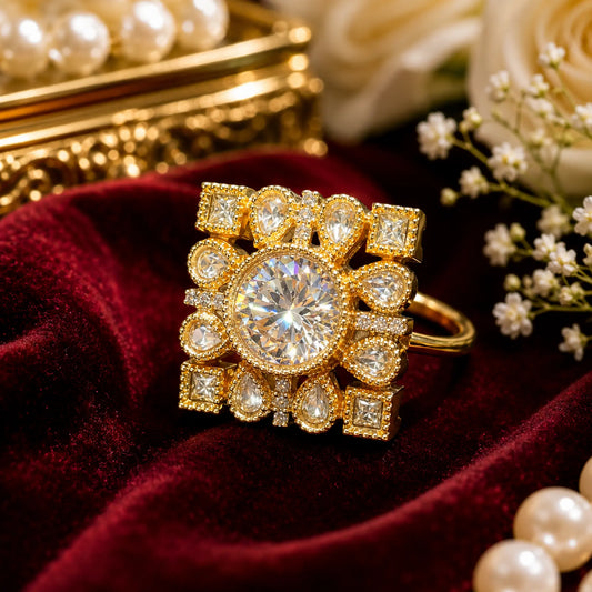 CZ Kundan Polki Round Square Frame Cocktail Ring - White | K Gold