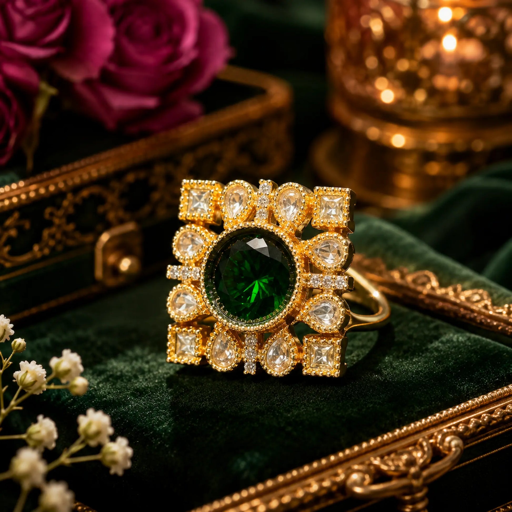 CZ Kundan Polki Round Square Frame Cocktail Ring - Emerald Green | K Gold