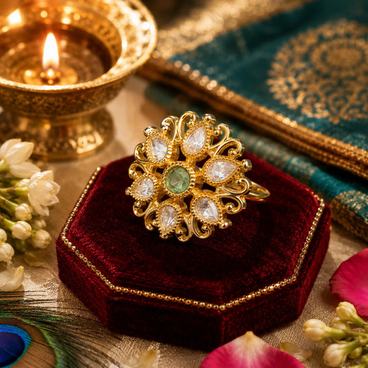 CZ Kundan Polki Filigree Scroll Floral Cocktail Ring - Mint Green | K Gold