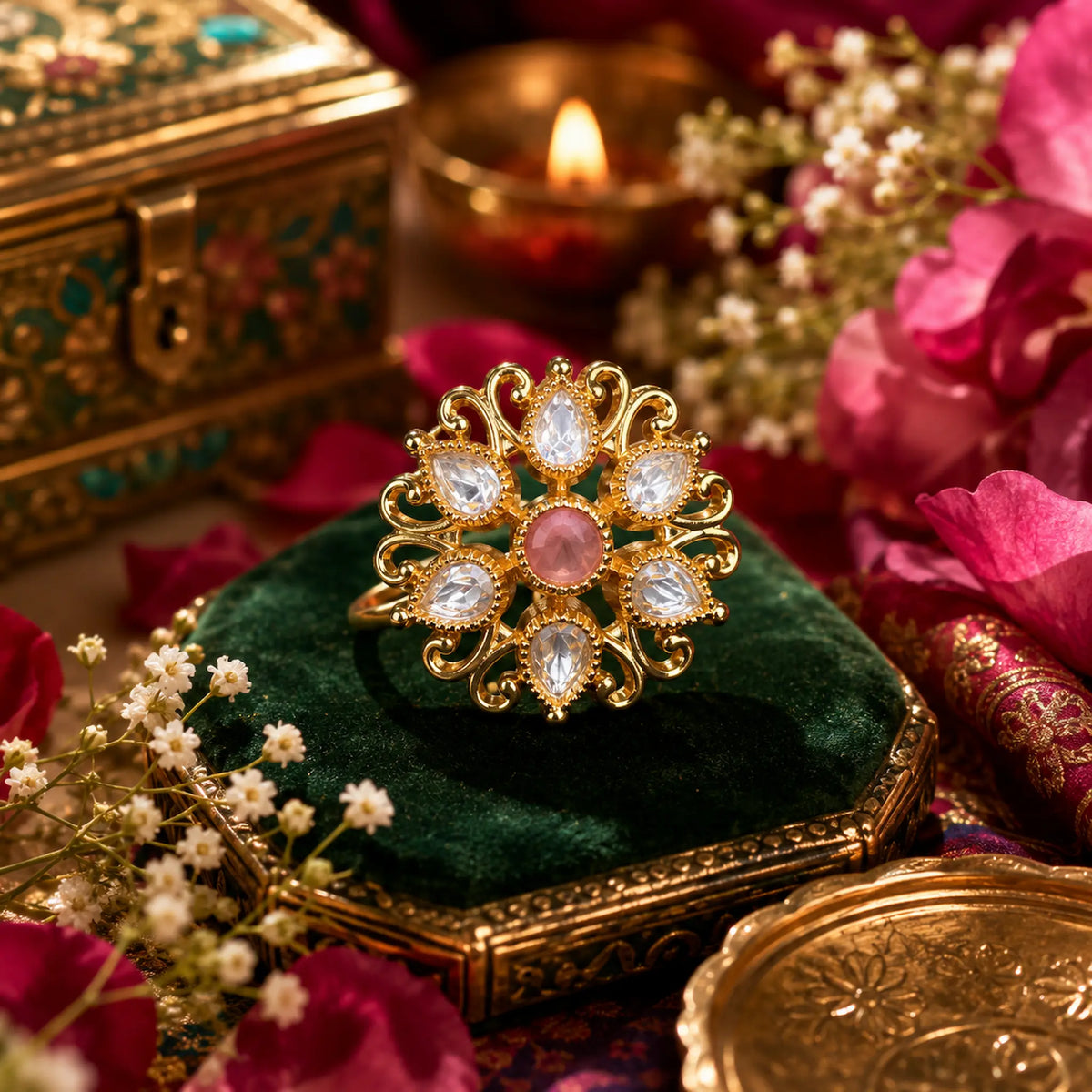 CZ Kundan Polki Filigree Scroll Floral Cocktail Ring - Baby Pink | K Gold