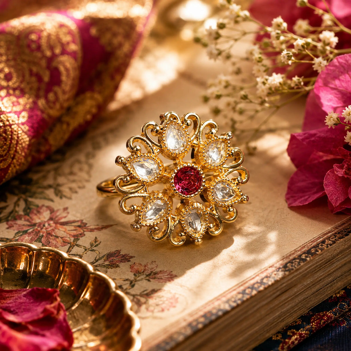 CZ Kundan Polki Filigree Scroll Floral Cocktail Ring - Ruby Red | K Gold