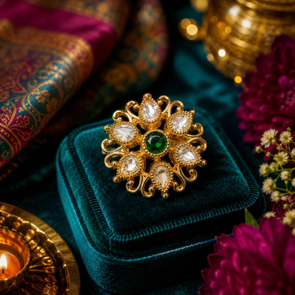 CZ Kundan Polki Filigree Scroll Floral Cocktail Ring - Emerald Green | K Gold