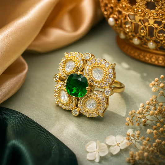 CZ Kundan Polki Oval Satellite Square Frame Cocktail Ring - Emerald Green | K Gold