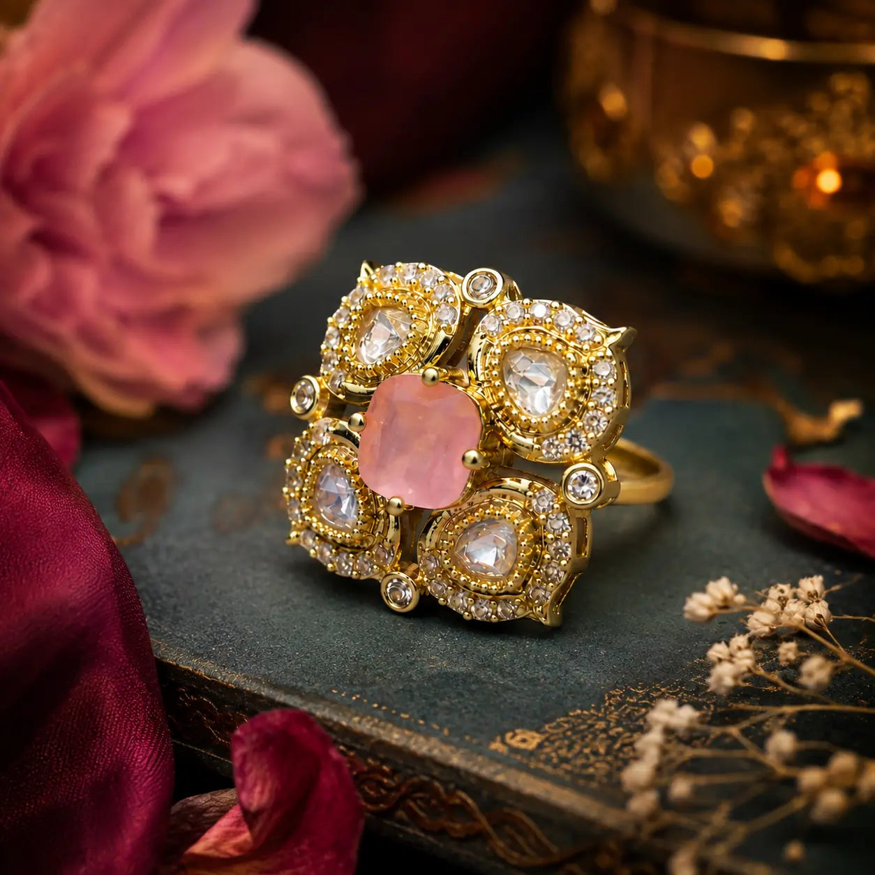 CZ Kundan Polki Oval Satellite Square Frame Cocktail Ring - Baby Pink | K Gold