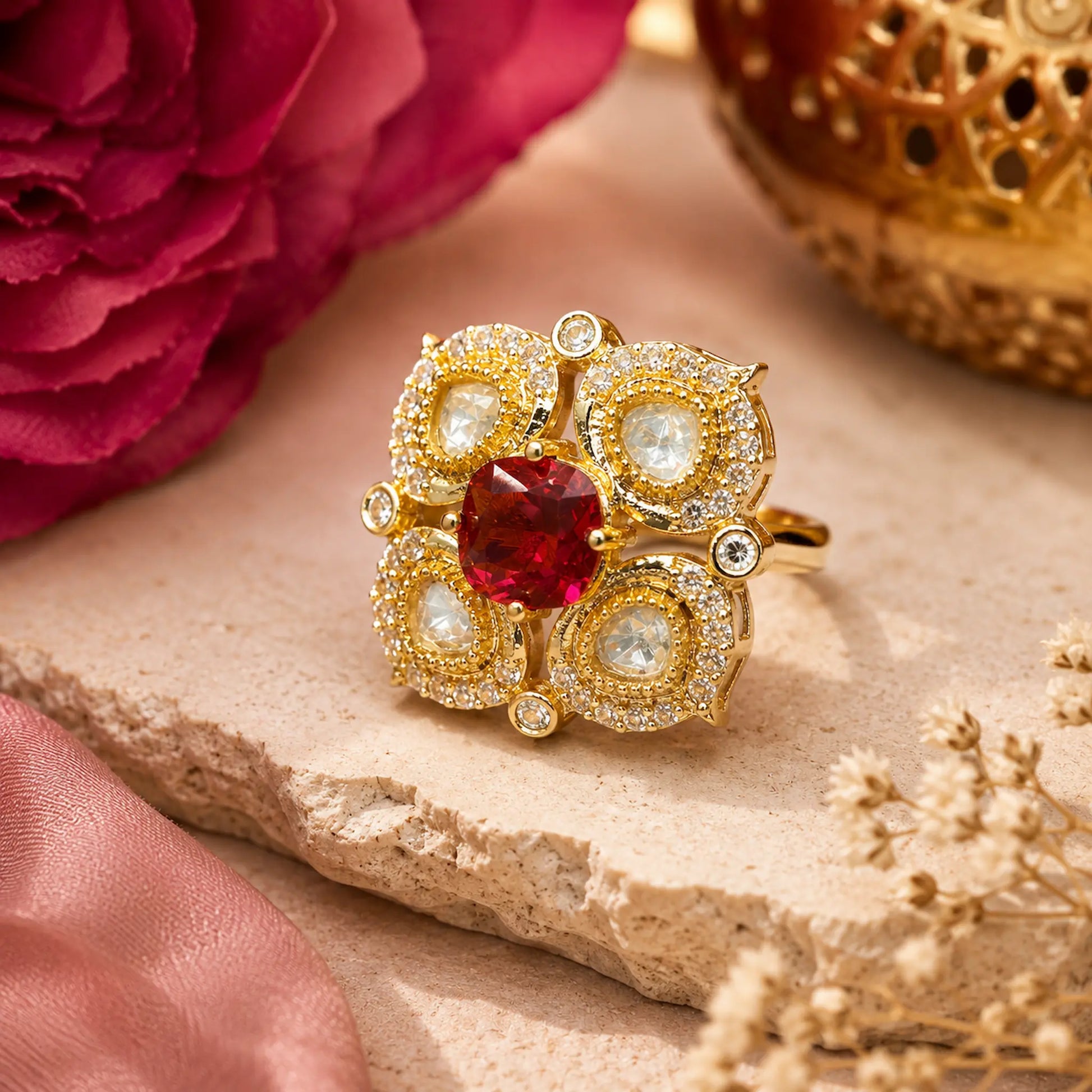 CZ Kundan Polki Oval Satellite Square Frame Cocktail Ring - Ruby Red | K Gold