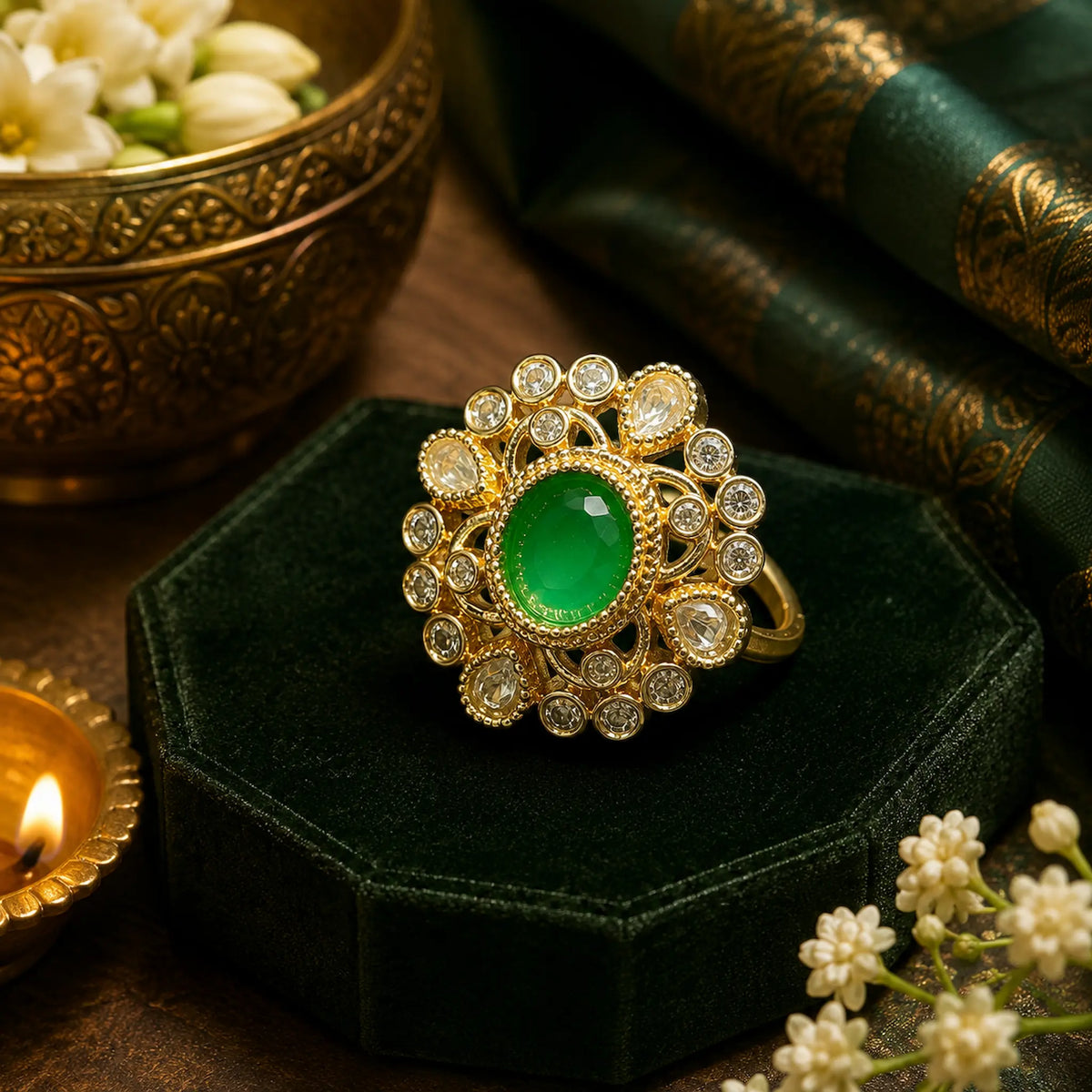 CZ Kundan Polki Oval Filigree Orbit Cocktail Ring - Emerald Green | K Gold