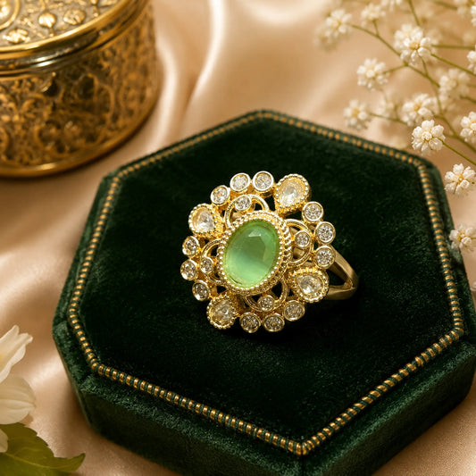 CZ Kundan Polki Oval Filigree Orbit Cocktail Ring - Mint Green | K Gold