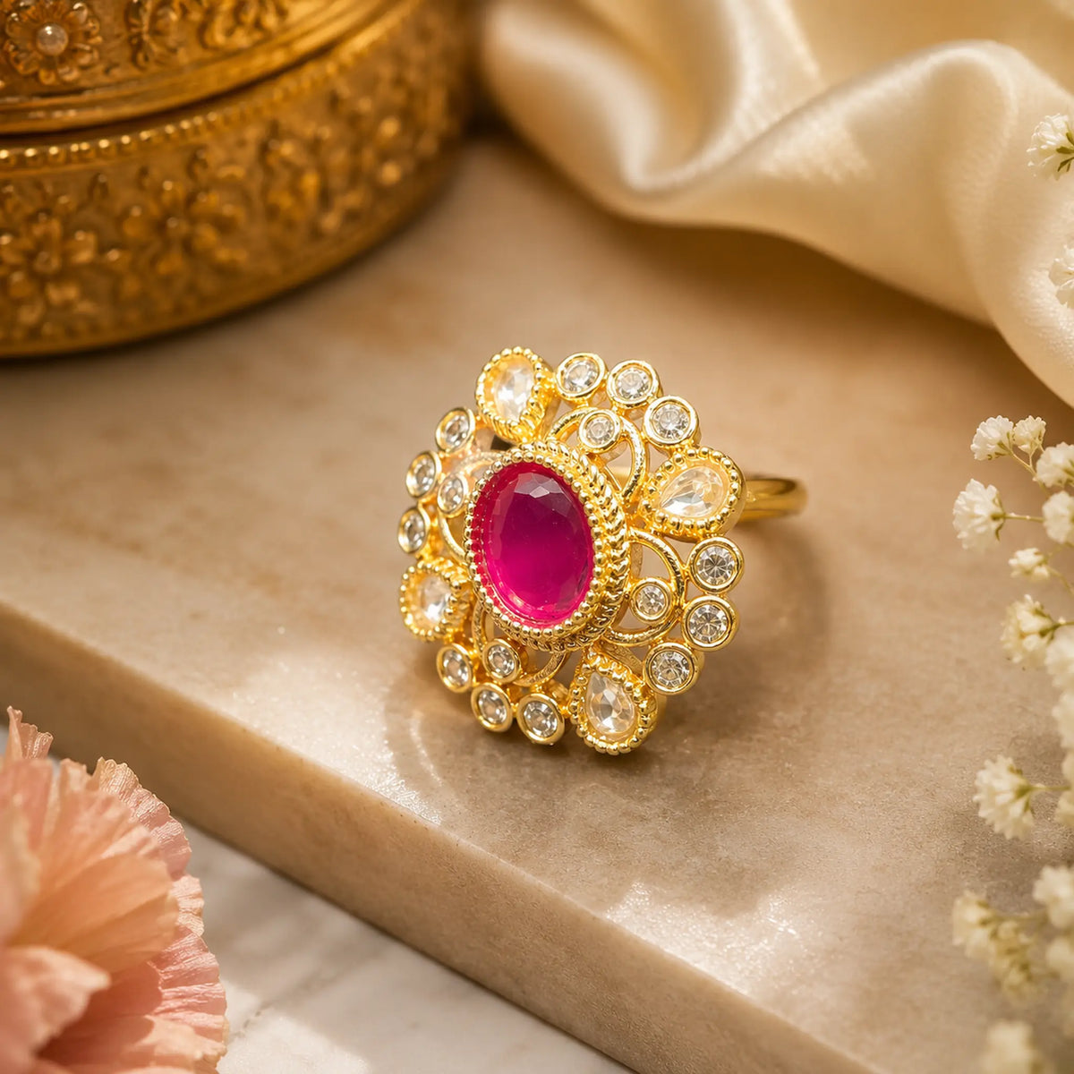 CZ Kundan Polki Oval Filigree Orbit Cocktail Ring - Ruby Red | K Gold