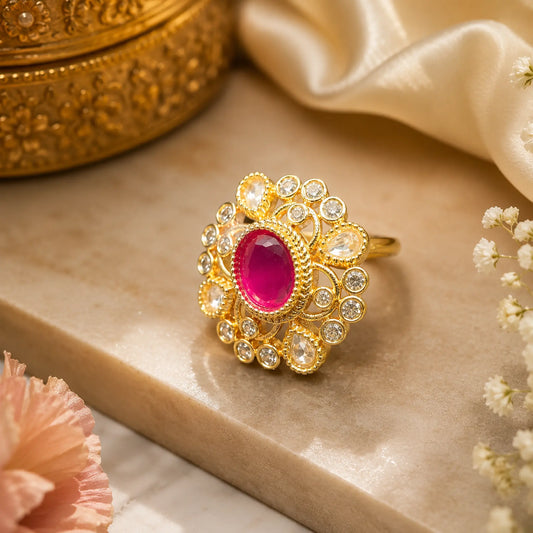 CZ Kundan Polki Oval Filigree Orbit Cocktail Ring - Ruby Red | K Gold