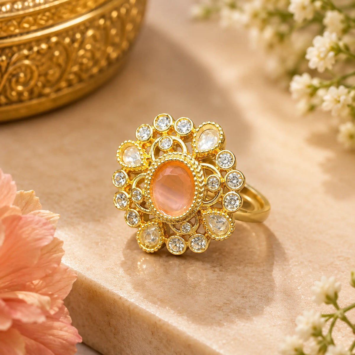 CZ Kundan Polki Oval Filigree Orbit Cocktail Ring - Baby Pink | K Gold