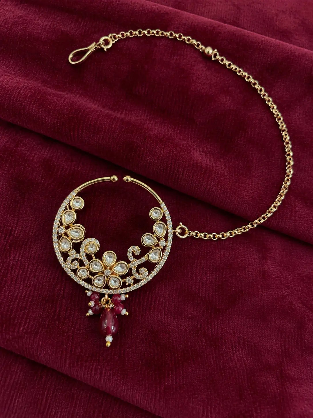 Kundan Polki Crescent Floral Nath - Baby Pink