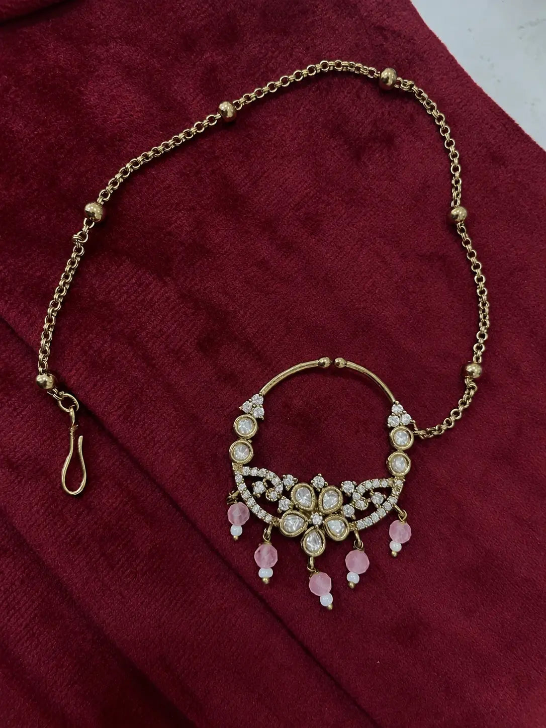 Kundan Polki Butterfly Arch Nath - Baby Pink