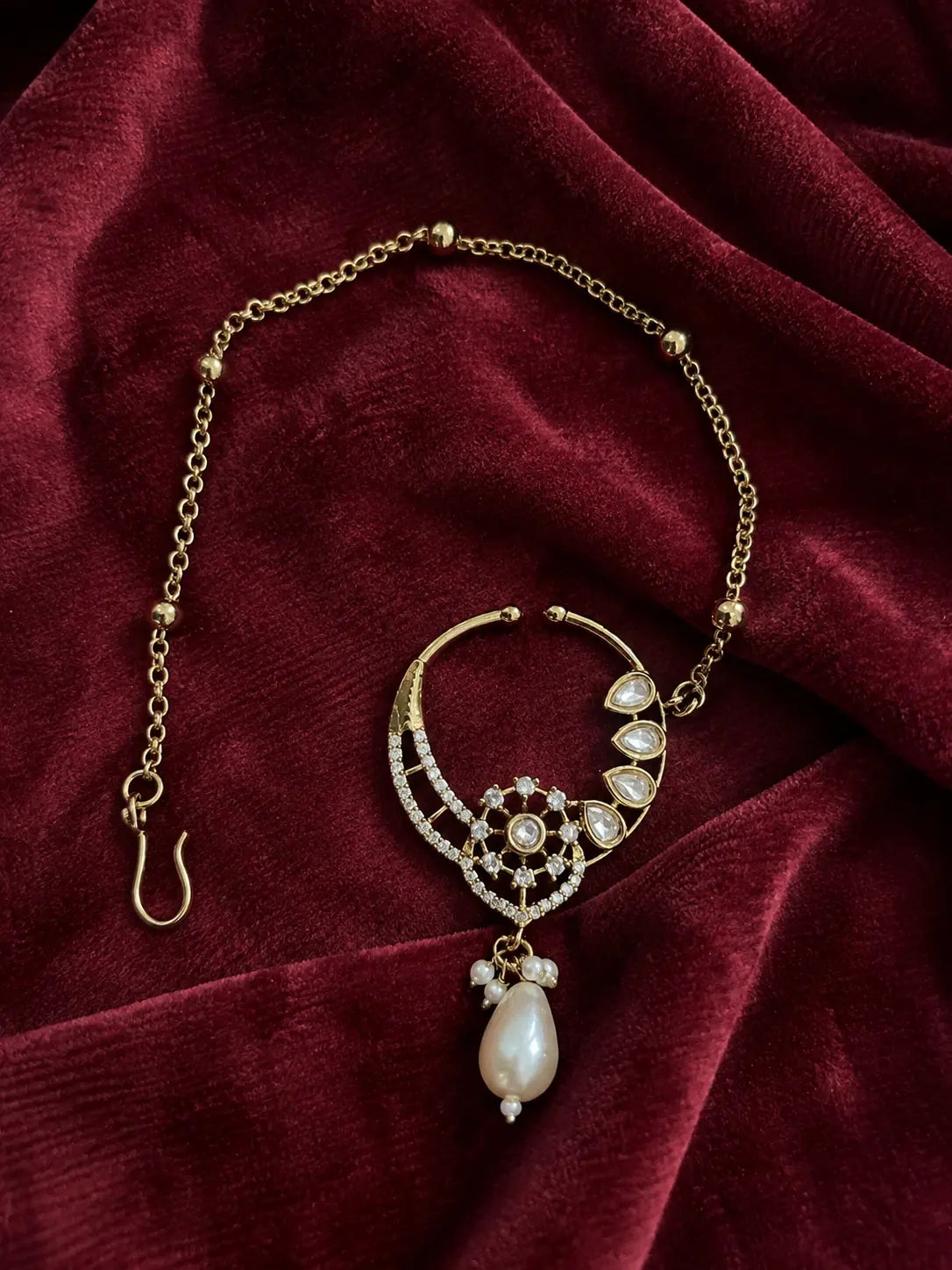 Kundan Polki Sunwheel Nath - Ruby Red | Mehendi Gold