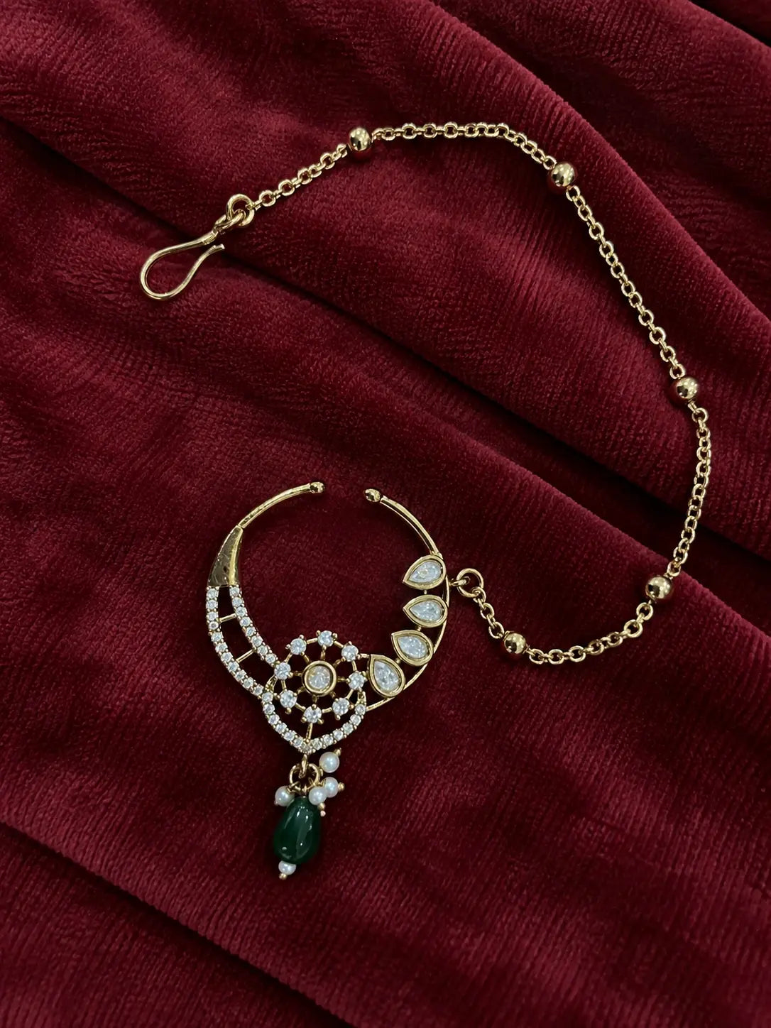 Kundan Polki Sunwheel Nath - Emerald Green | Mehendi Gold