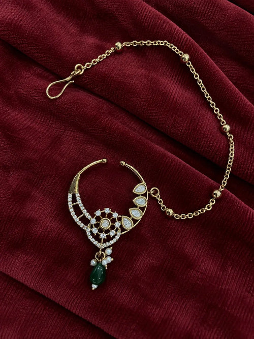 Kundan Polki Sunwheel Nath - Emerald Green | Mehendi Gold