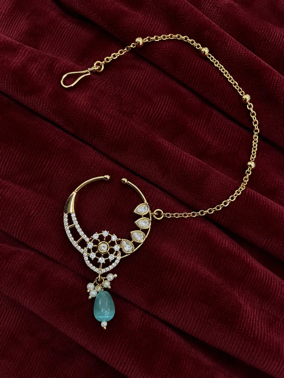 Kundan Polki Sunwheel Nath - Mint Green | Mehendi Gold
