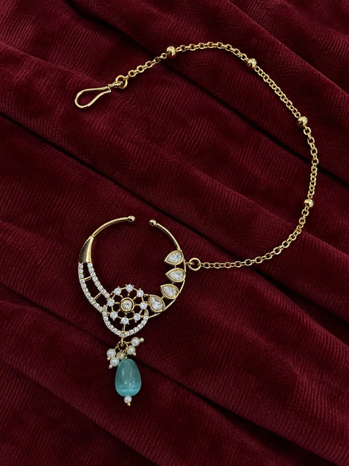 Kundan Polki Sunwheel Nath - Mint Green | Mehendi Gold