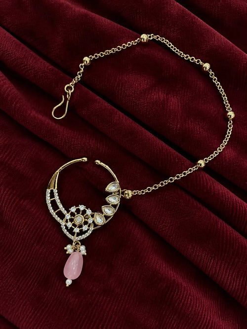 Kundan Polki Sunwheel Nath - Baby Pink | Mehendi Gold