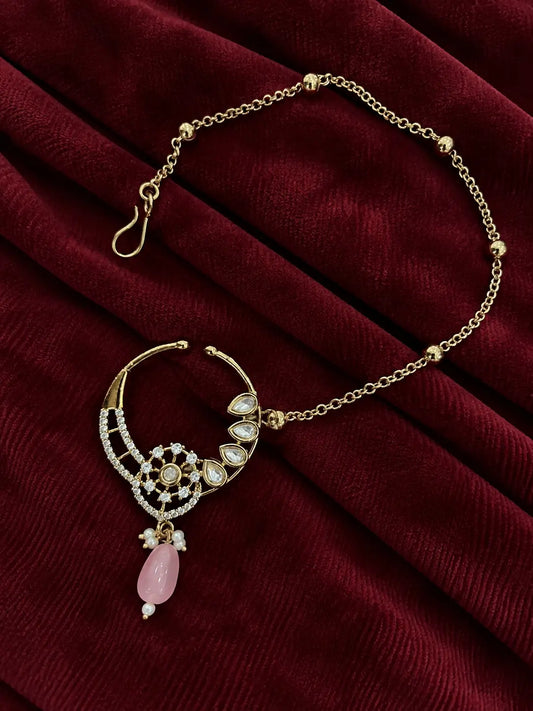 Kundan Polki Sunwheel Nath - Baby Pink | Mehendi Gold