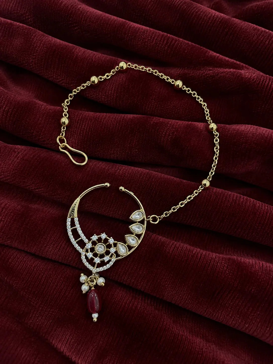 Kundan Polki Sunwheel Nath - White | Mehendi Gold