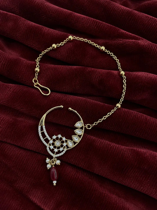 Kundan Polki Sunwheel Nath - White | Mehendi Gold