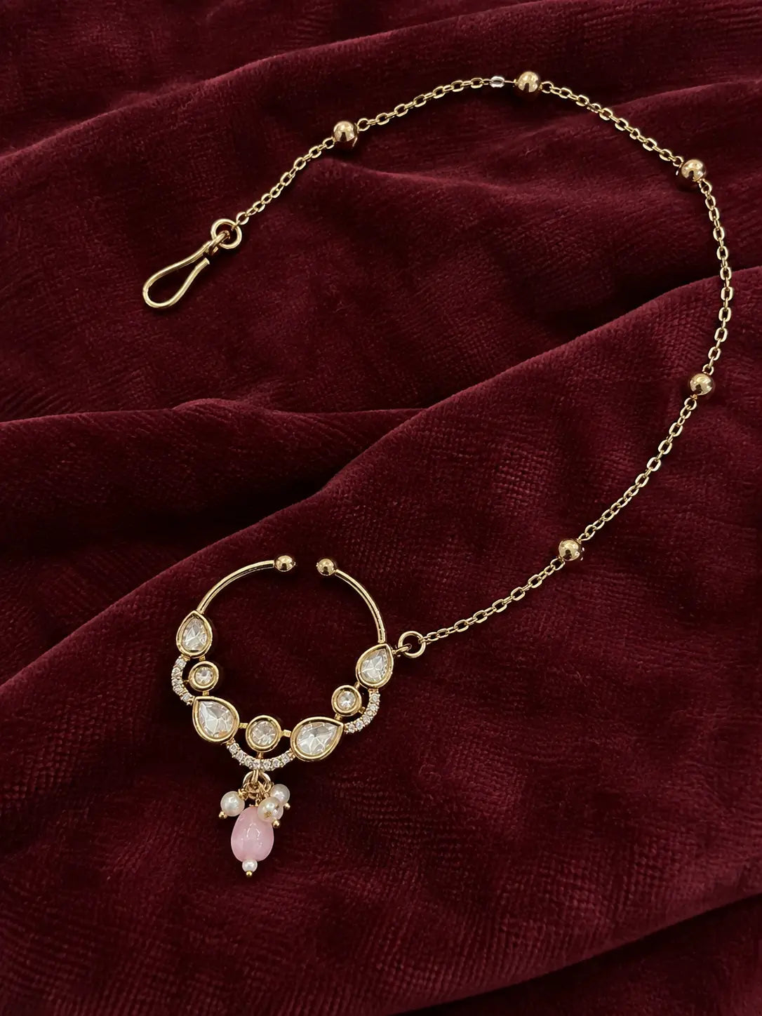 Kundan Polki Teardrop Arc Nath - Baby Pink | K Gold
