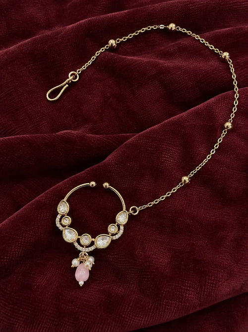 Kundan Polki Teardrop Arc Nath - Baby Pink | K Gold