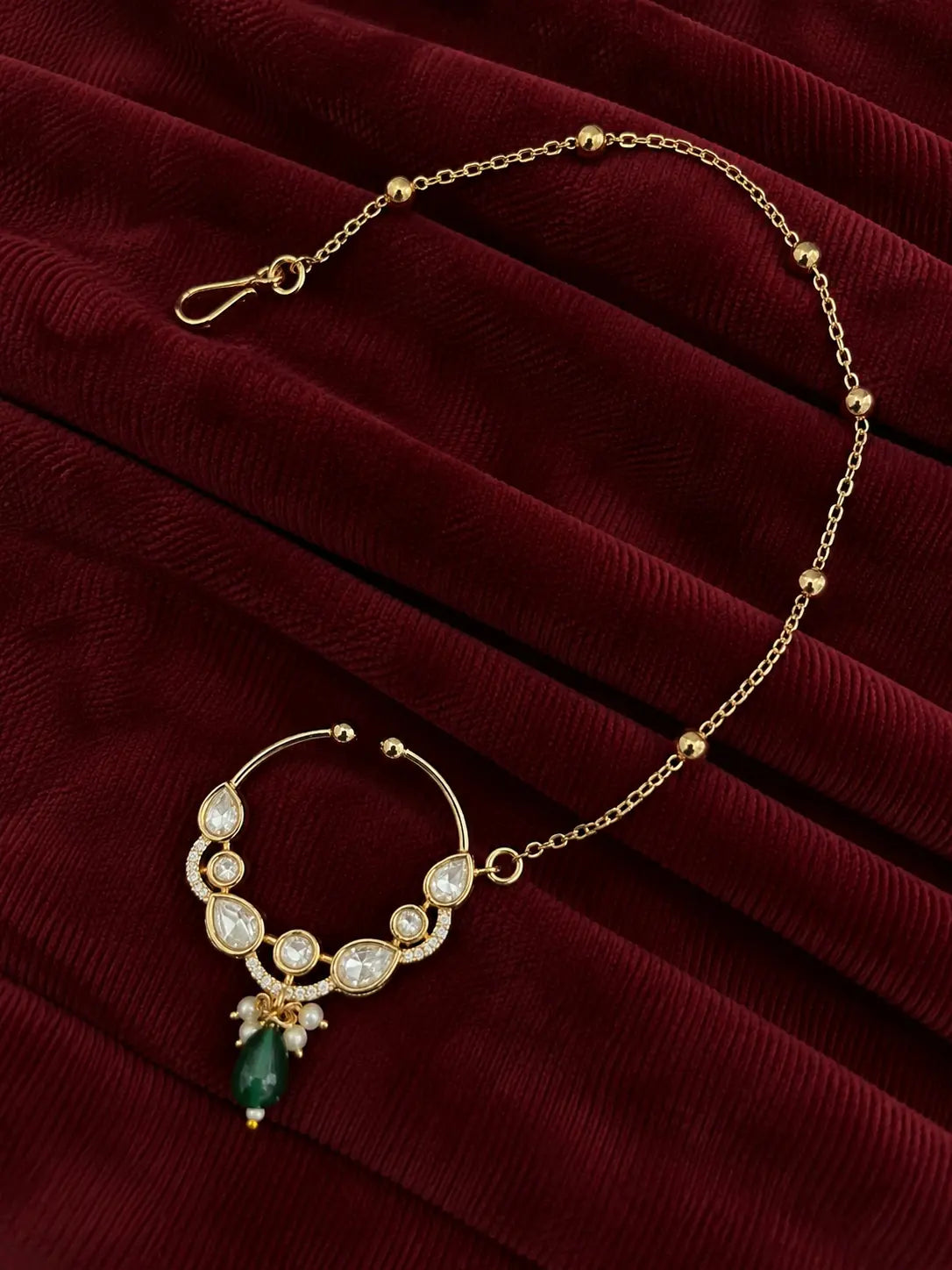 Kundan Polki Teardrop Arc Nath - Emerald Green | K Gold