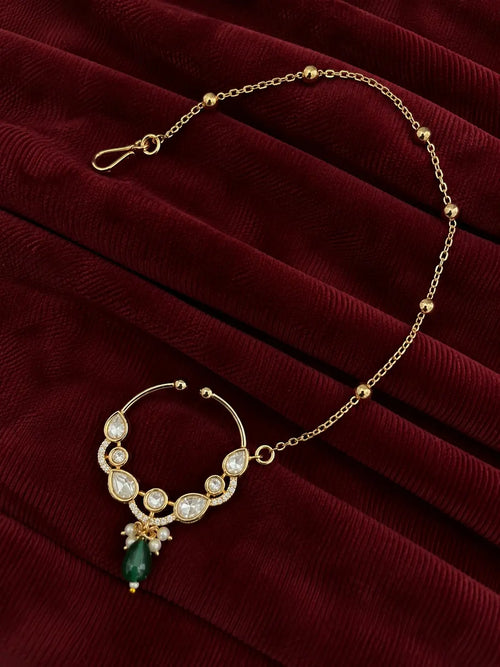 Kundan Polki Teardrop Arc Nath - Emerald Green | K Gold