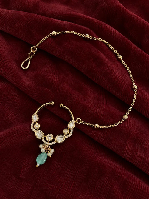 Kundan Polki Teardrop Arc Nath - Mint Green | K Gold