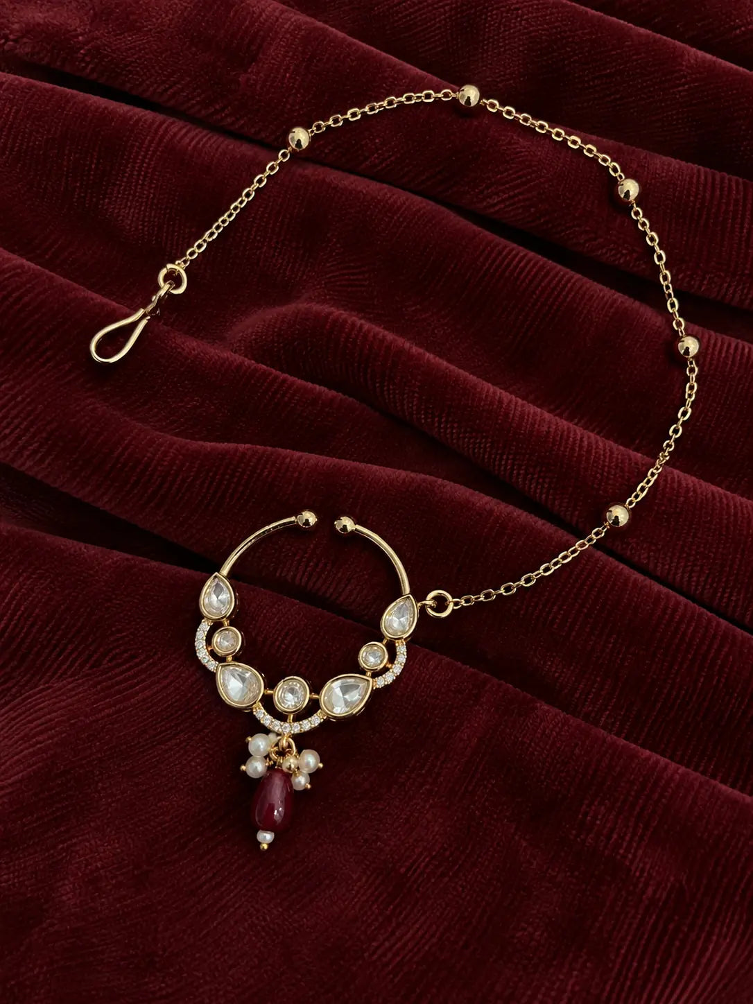 Kundan Polki Teardrop Arc Nath - Ruby Red | K Gold