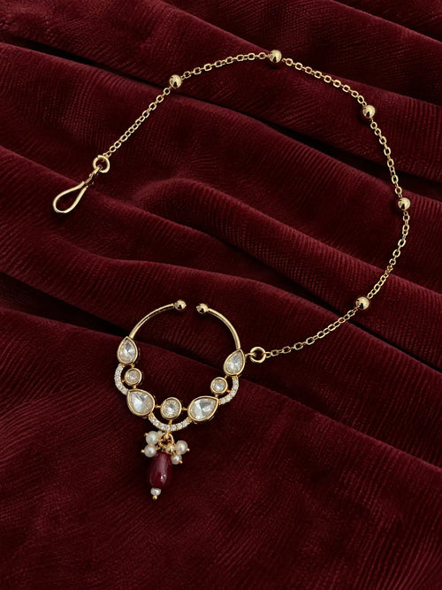 Kundan Polki Teardrop Arc Nath - Ruby Red | K Gold