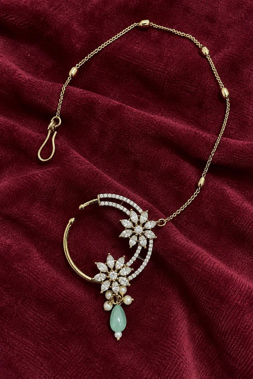 AD Marquise Dual Flower Nath - Mint Green | Mehendi Gold