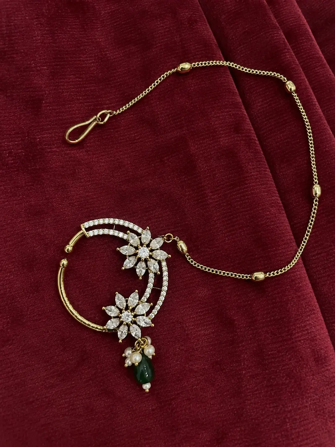 AD Marquise Dual Flower Nath - Emerald Green | Mehendi Gold