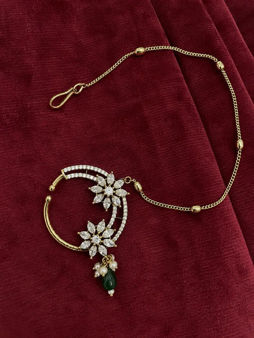 AD Marquise Dual Flower Nath - Emerald Green | Mehendi Gold
