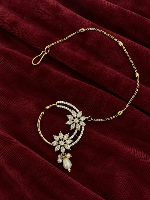 AD Marquise Dual Flower Nath - White | Mehendi Gold