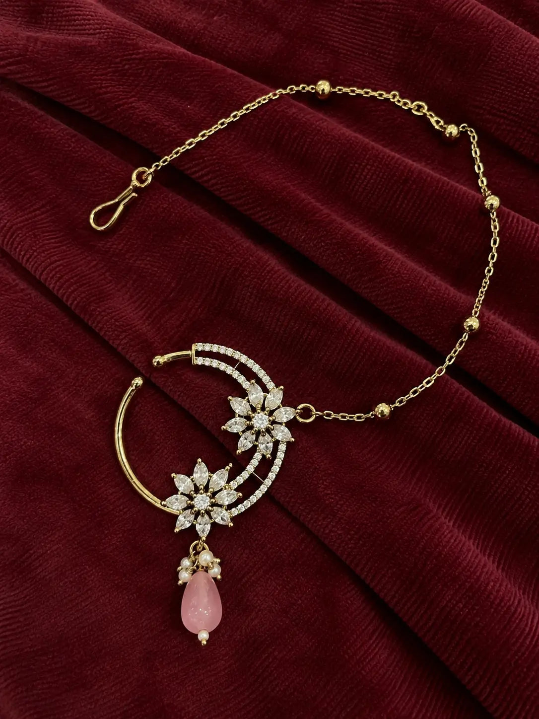 AD Marquise Dual Flower Nath - Baby Pink | Mehendi Gold