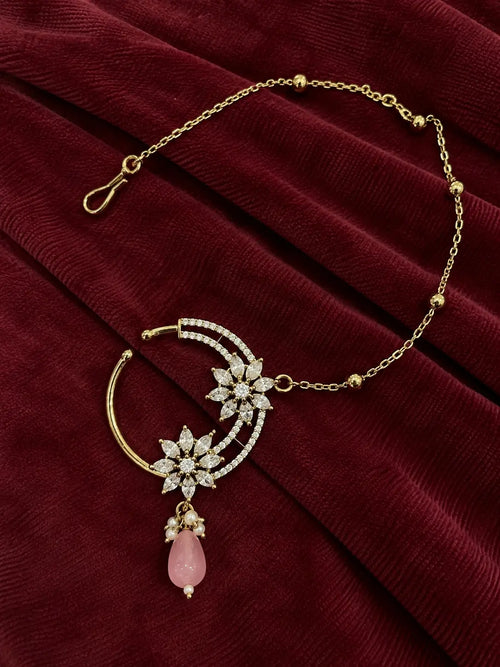 AD Marquise Dual Flower Nath - Baby Pink | Mehendi Gold