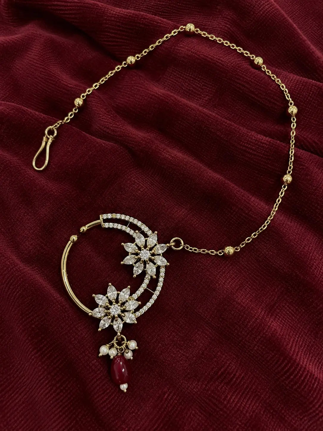AD Marquise Dual Flower Nath - Ruby Red | Mehendi Gold