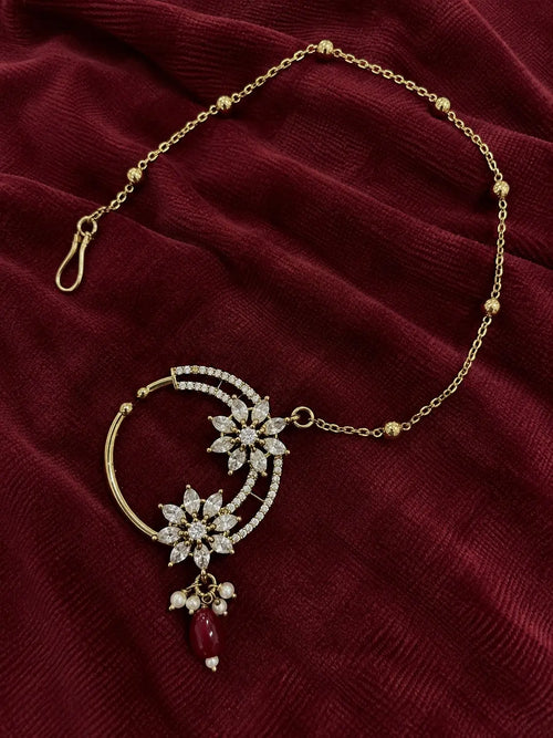AD Marquise Dual Flower Nath - Ruby Red | Mehendi Gold