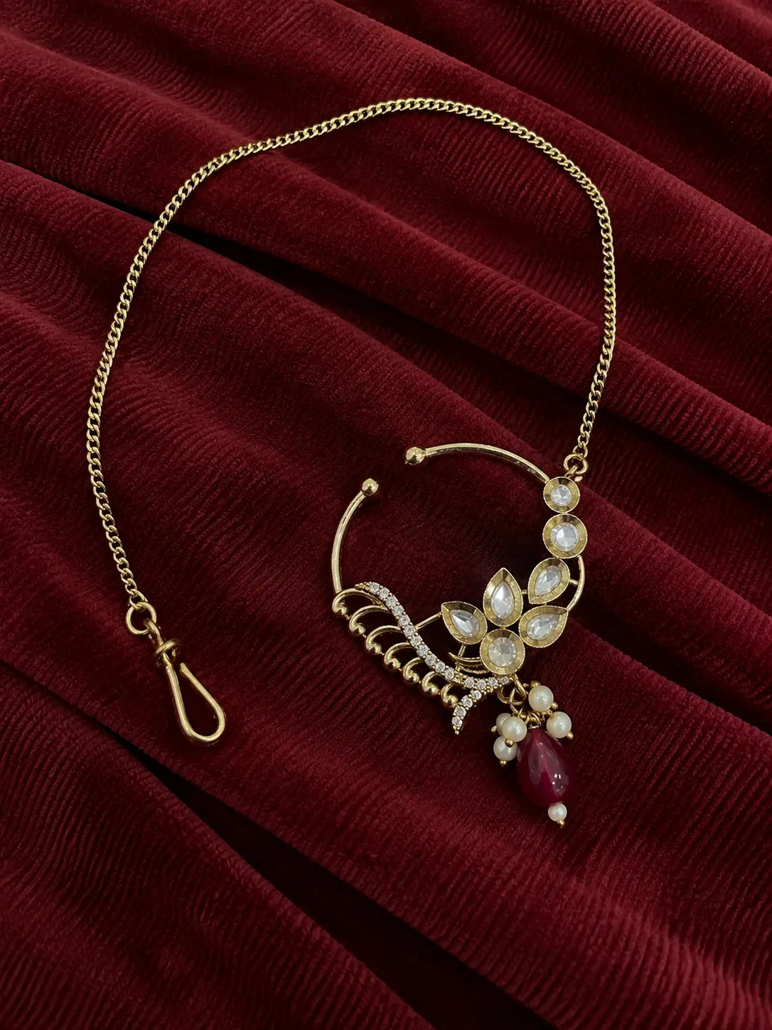 Kundan Polki Fan Wing Nath - Ruby Red | Mehendi Gold