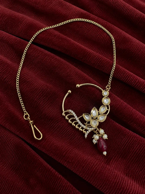 Kundan Polki Fan Wing Nath - Ruby Red | Mehendi Gold