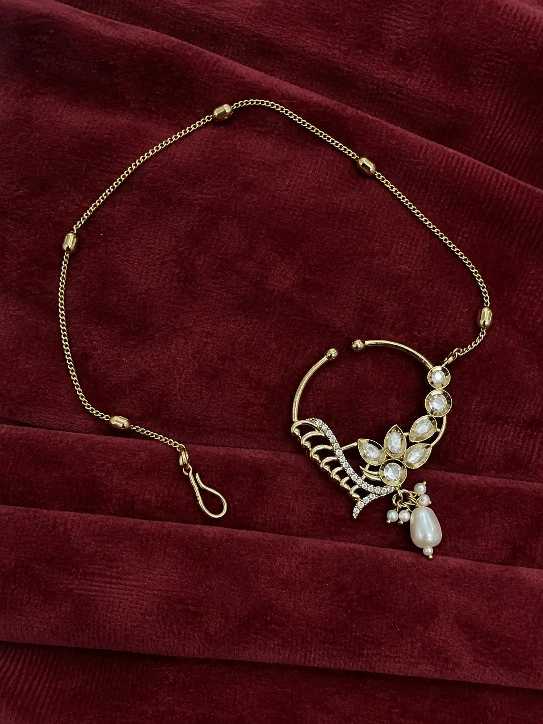 Kundan Polki Fan Wing Nath - White | Mehendi Gold