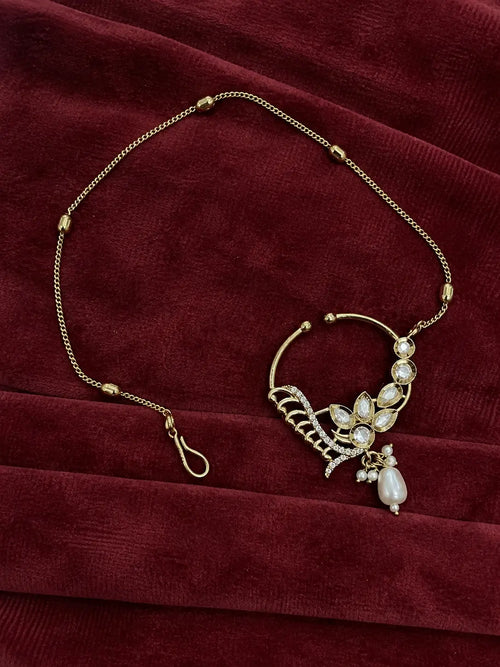 Kundan Polki Fan Wing Nath - White | Mehendi Gold
