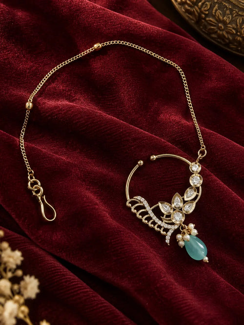 Kundan Polki Fan Wing Nath - Mint Green | Mehendi Gold