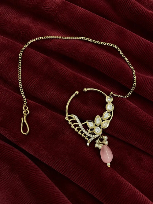 Kundan Polki Fan Wing Nath - Baby Pink | Mehendi Gold