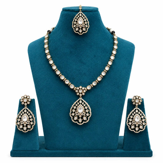 Kundan Polki CZ Jali Teardrop Pendant Necklace Set with Maang Tikka - White | Mehendi Gold